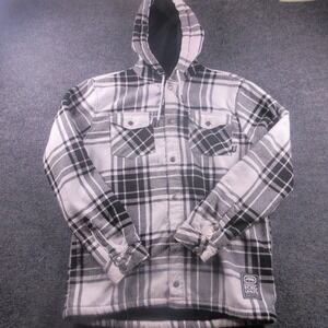 Ecko Unltd Jacket Mens Large Gray Plaid Hooded Sherpa Lined Flannel Insulated